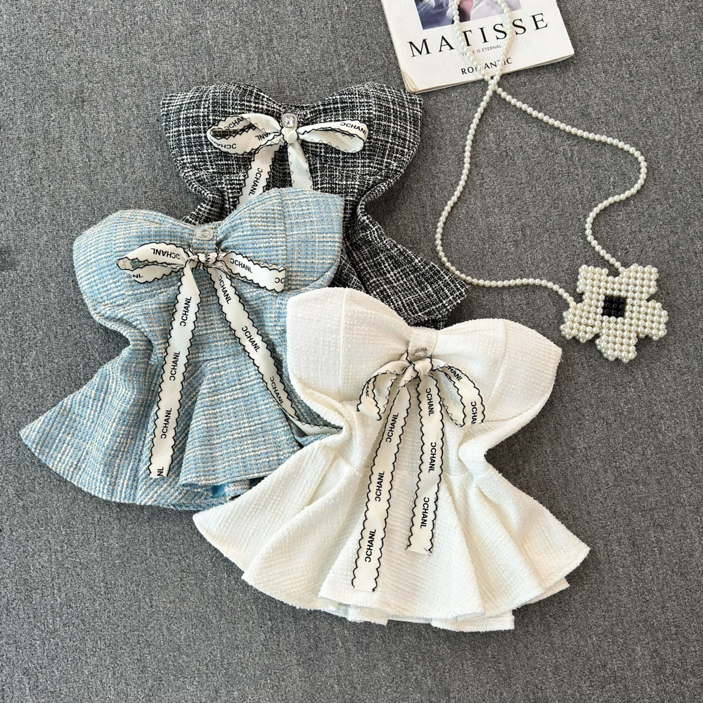 

Clothland Women Sexy Bow Tie Strapless Crop Top Sleeveless Backless Elastic Back Slim Shirt Female Chic Blouse Blusa WA351