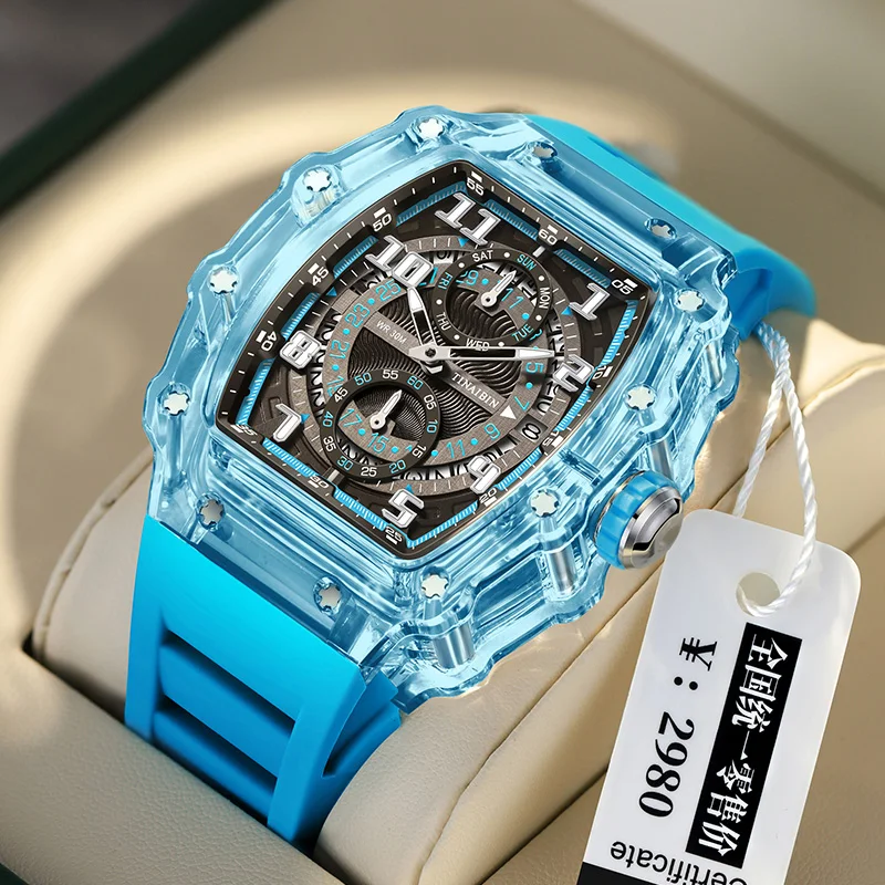 Reloj de pulsera deportivo para hombre, cronógrafo de silicona transparente, color azul, resistente al agua, de lujo, de talla grande, 2024