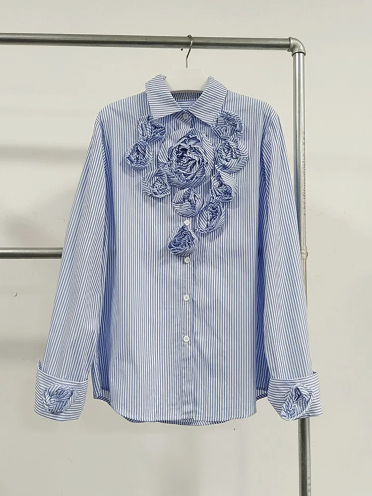 TWOTWINSTYLE Temperament Spliced Appliques Shirt For Women Lapel Long Sleeve Patchwork Button Loose Blouses Female Fashion New