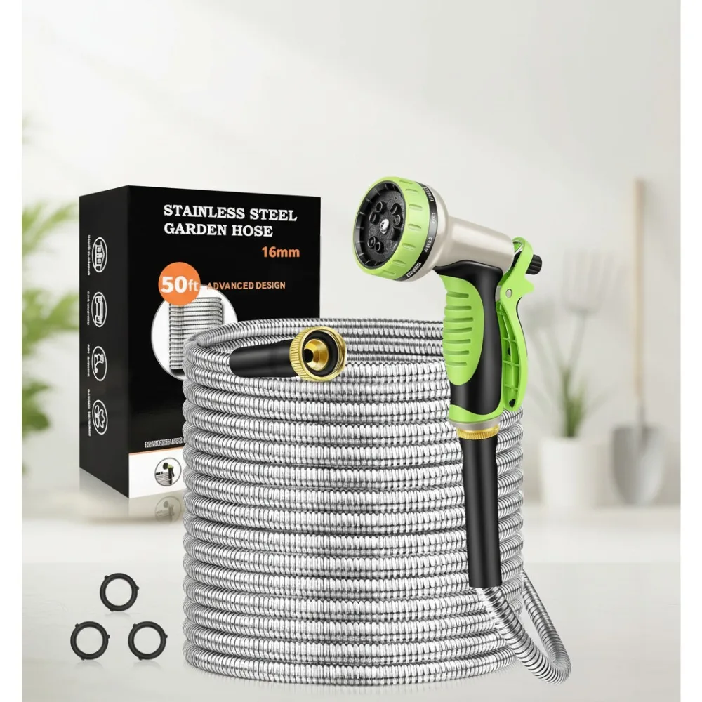 

50FT Stainless Steel Garden Hose with 10-Function Nozzle, Kink-Free Flexible Water Hose for Yard Outdoor RV Use