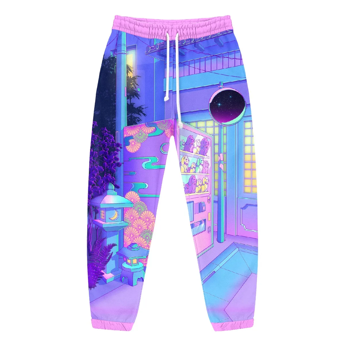 Unisex Vaporwave-style Joggers Featuring Neon Shrine Street Vending Machine Graphics; Cyberpunk-aesthetic Drawstring Sweatpants.
