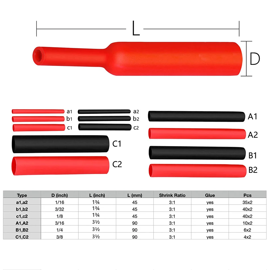 270Pcs 3:1 Shrink Dual Wall Adhesive Lined Heat Shrink Tubing Tube 6 Size 3/8\