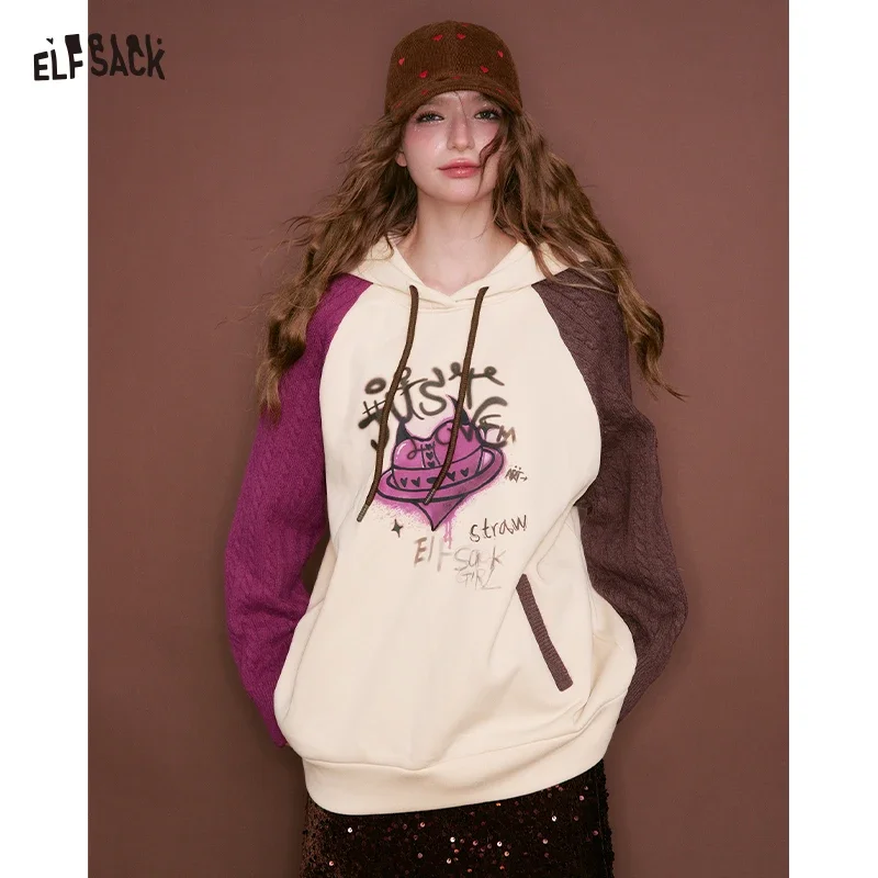 ELFSACK Women's Graphic Print Hoodie Long Sleeve Knit Sleeve Contrast Composite Fabric Street Style Apricot