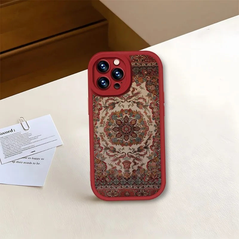 Funda de teléfono con patrón Floral de alfombra persa roja para IPhone, 11, 13, 14, 12 Pro Max, Mini, Xs, X, Xr, 7, 8 Plus, SE2020, textura de cuero