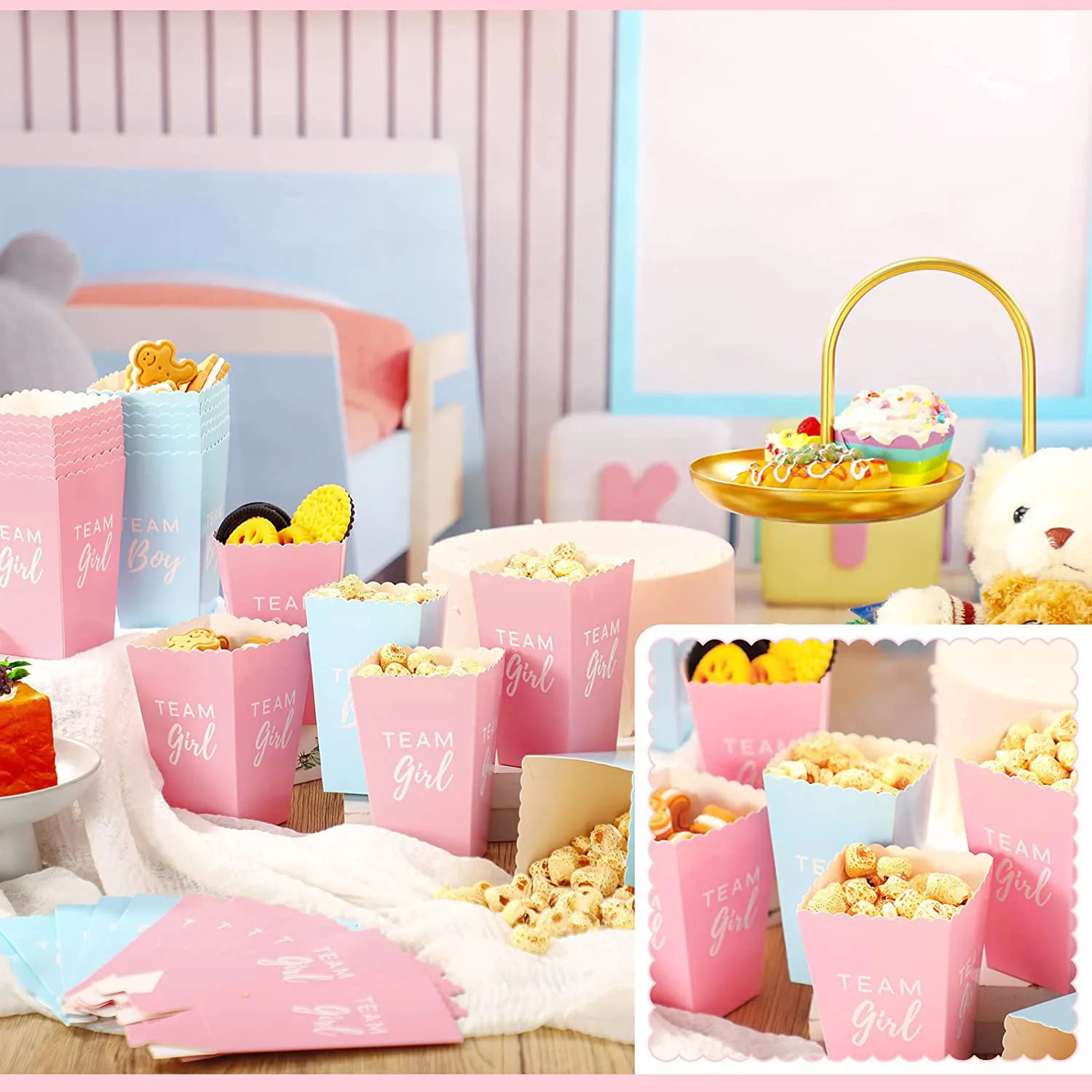 10pcs Popcorn Paper Boxes Buckets Bule Pink Snack Packaging Box Gender Reveal Party Decor For Guest Treat Box Baby Shower