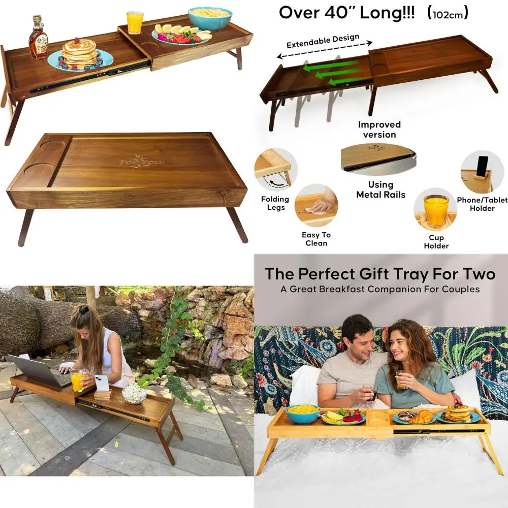 

Couple's Dual-Use Breakfast Tray - Acacia Wood, Cup Holders, Ideal for Couch Dining