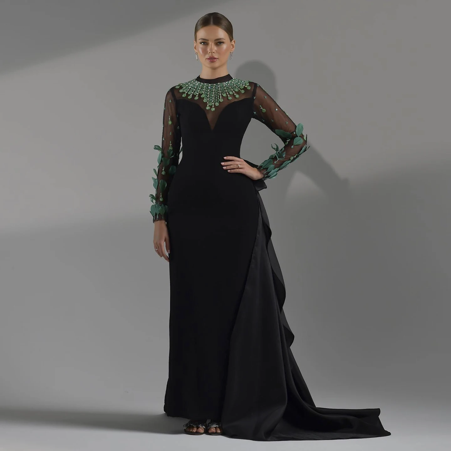 Sharon Said Luxury Dubai Emerald Green Feathers Black Evening Dress Long Sleeves Arabia Women Formal Party Gown SS457 Customized