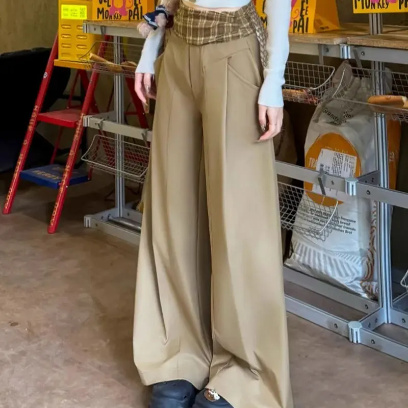 Fashion Vintage Plaid Patchwork Casual Pants Spring Autumn American High Waist Female Clothing Wide Leg Loose Pockets Trousers
