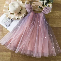 3-8 Year Old Girls Clothes New Sleeveless Mesh Sequin Fluffy Girl Princess Dress Birthday Party Gradient Pink Star Evening Dress