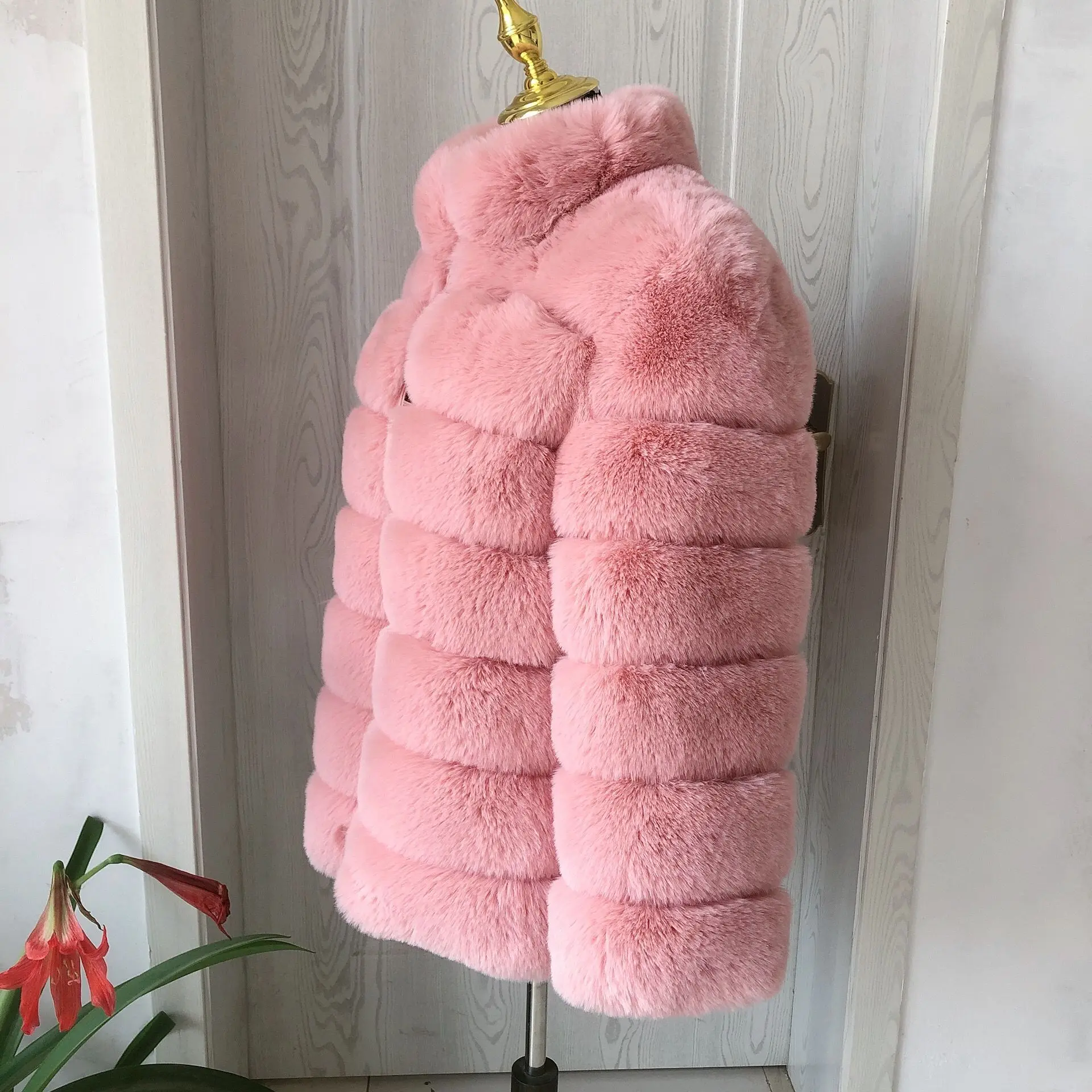 2022 frauen Neue Faux Pelz Jacke Winter Warme Mantel Plus Stehkragen Rosa Faux Fuchs Pelz Damen Mantel 70cm Lange Hülse Flauschigen Fell