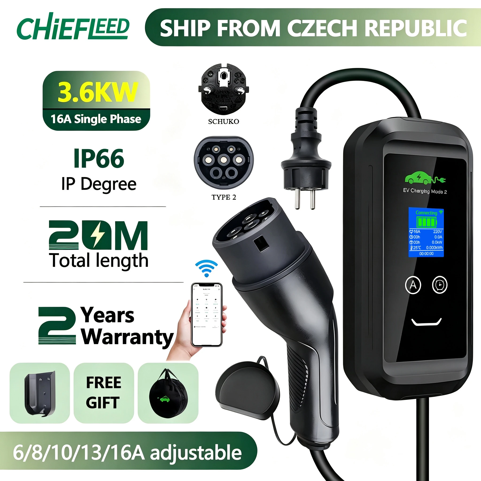 Chiefleed EV-Ladegerät 16A 3,6KW Typ 2 Wallbox Tuya App WLAN Heimladestation für Elektrofahrzeuge Hybridautos Gesamtlänge 20M
