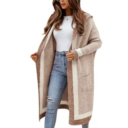 Cárdigan de punto con contraste de Color para mujer, suéter con capucha, empalme con bolsillos dobles, jerséis largos, prendas de punto sueltas informales, prendas de vestir exteriores