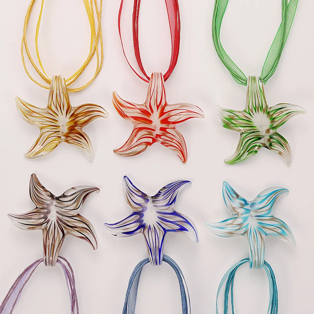 Wholesale 6Pcs Four Styles Handmade Murano Lampwork Glass Mixed Colorful Exquisite Starfish Pendants Charms Cord Necklaces