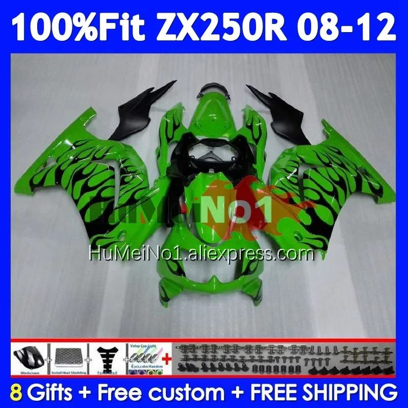 Body For KAWASAKI NINJA ZX250 ZX 250 R 250R 08 09 10 11 12 231No.20 ZX250R ZX-250 2008 2009 2010 2011 2012 Balck flames Fairing