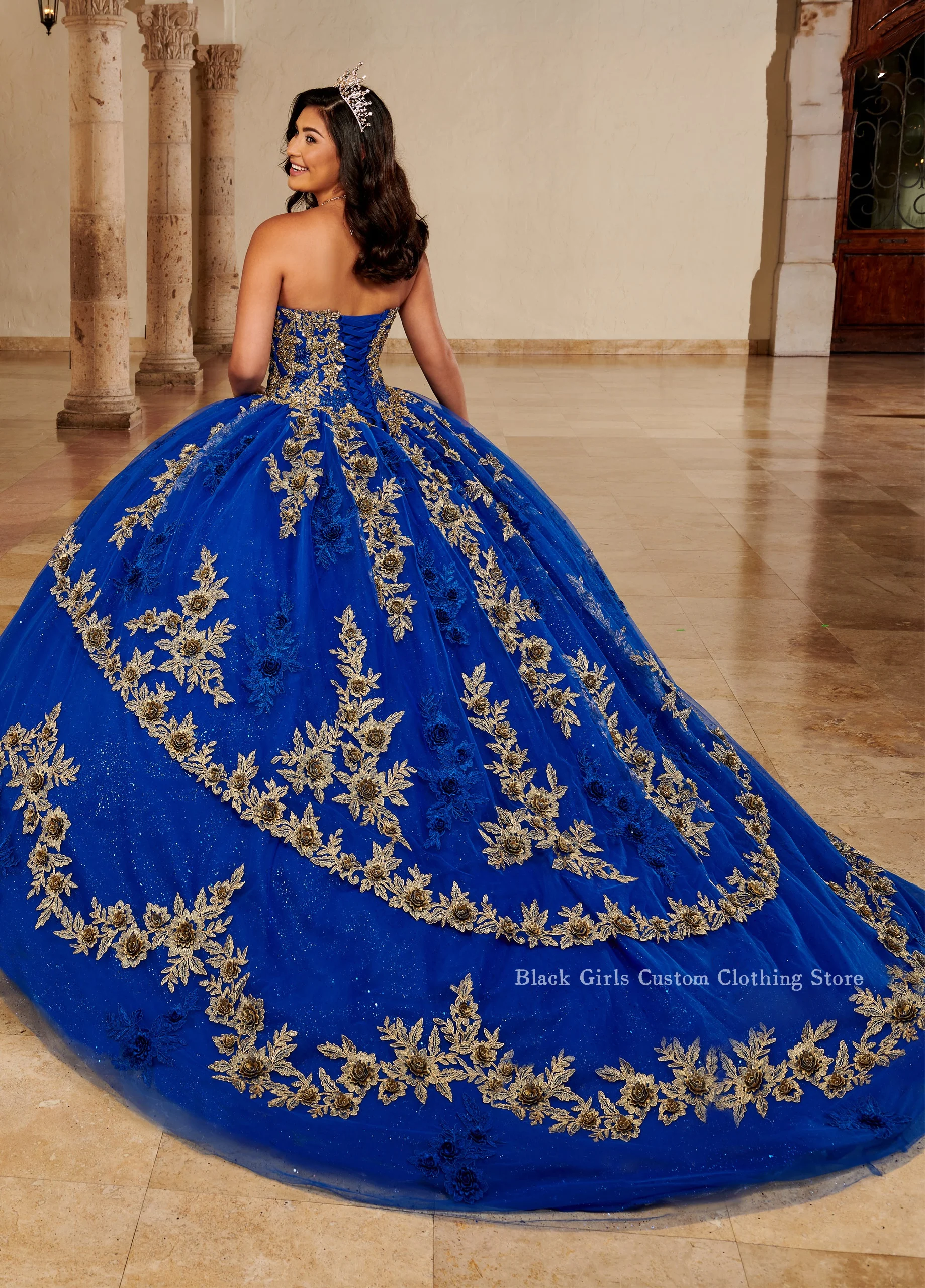 Vestidos Quinceanera Azul Royal, apliqué de renda com xale de tule, vestido de baile México 15 anos