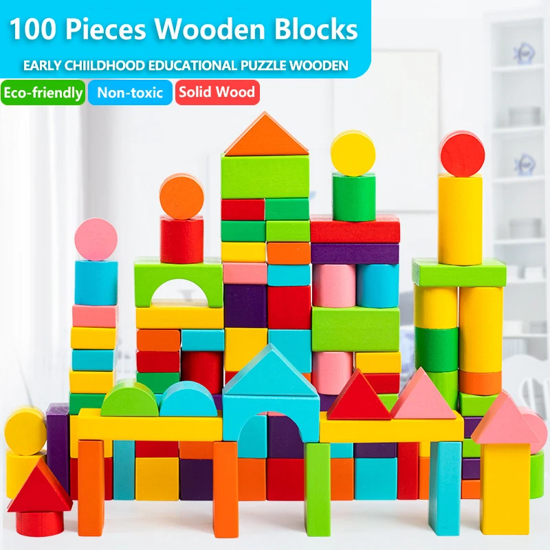 Ensemble de blocs de construction en bois avec sac de rangement, jouets en bois pour enfants, blocs de construction assemblés, jouets éducatifs précoces pour enfants