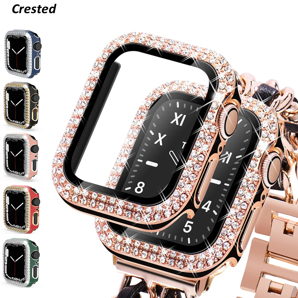 Glass+Cover For Apple Watch case 40mm 44mm 45mm 41mm iWatch Accessories Diamond+Screen Protector Apple watch serie 3 5 6 SE 7 8