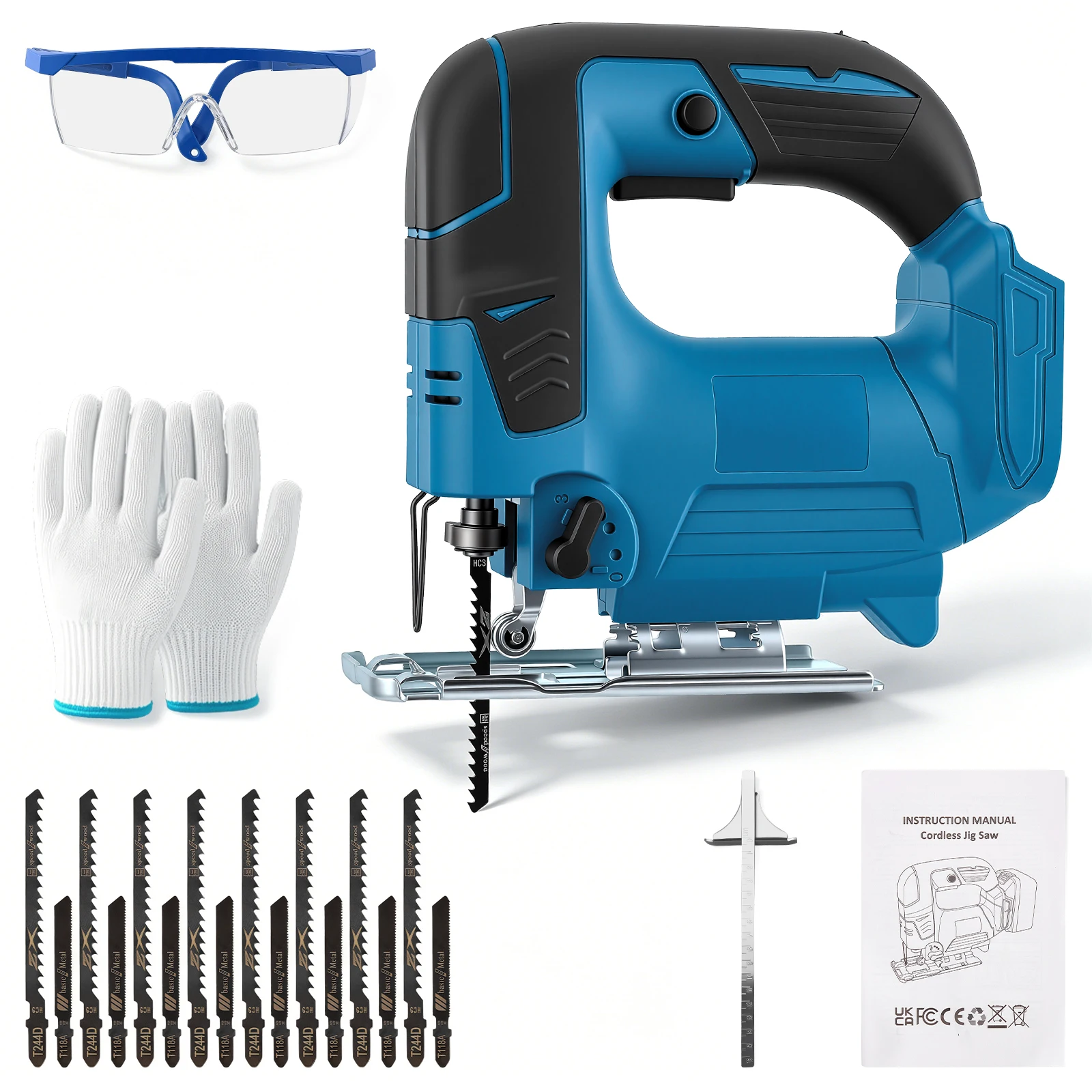800W Akku-Stichsäge für Makita 18V, Bürstenlose Elektrische Exzentersäge mit LED-Licht, 5 Variable Geschwindigkeiten, ±45 °   Schrägschnittwinkel, 6 Stück T-Schaft-Klingen für Holz, Kunststoff und