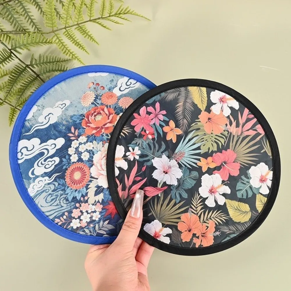 Mini Japanese Style Folding Fan Round With Pocket Collapsible Fan Flower Pattern Portable Fan Outdoor Activities