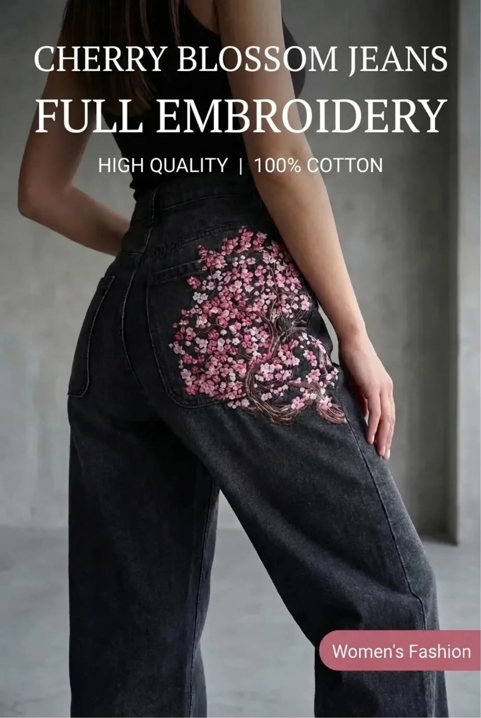 

Hip Hop Y2K Baggy Jeans Cherry Blossom Selvedge Embroidery Denim Pants Women Denim Fabric Streetwear Wide Leg Women Jeans