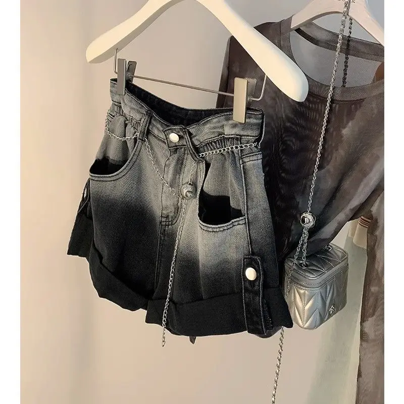 

Повседневные джинсовые шорты с градиентом и завитками для женщин, новые летние свободные короткие брюки трапециевидной формы с высокой талией и широкими штанинами, модная женская одежда