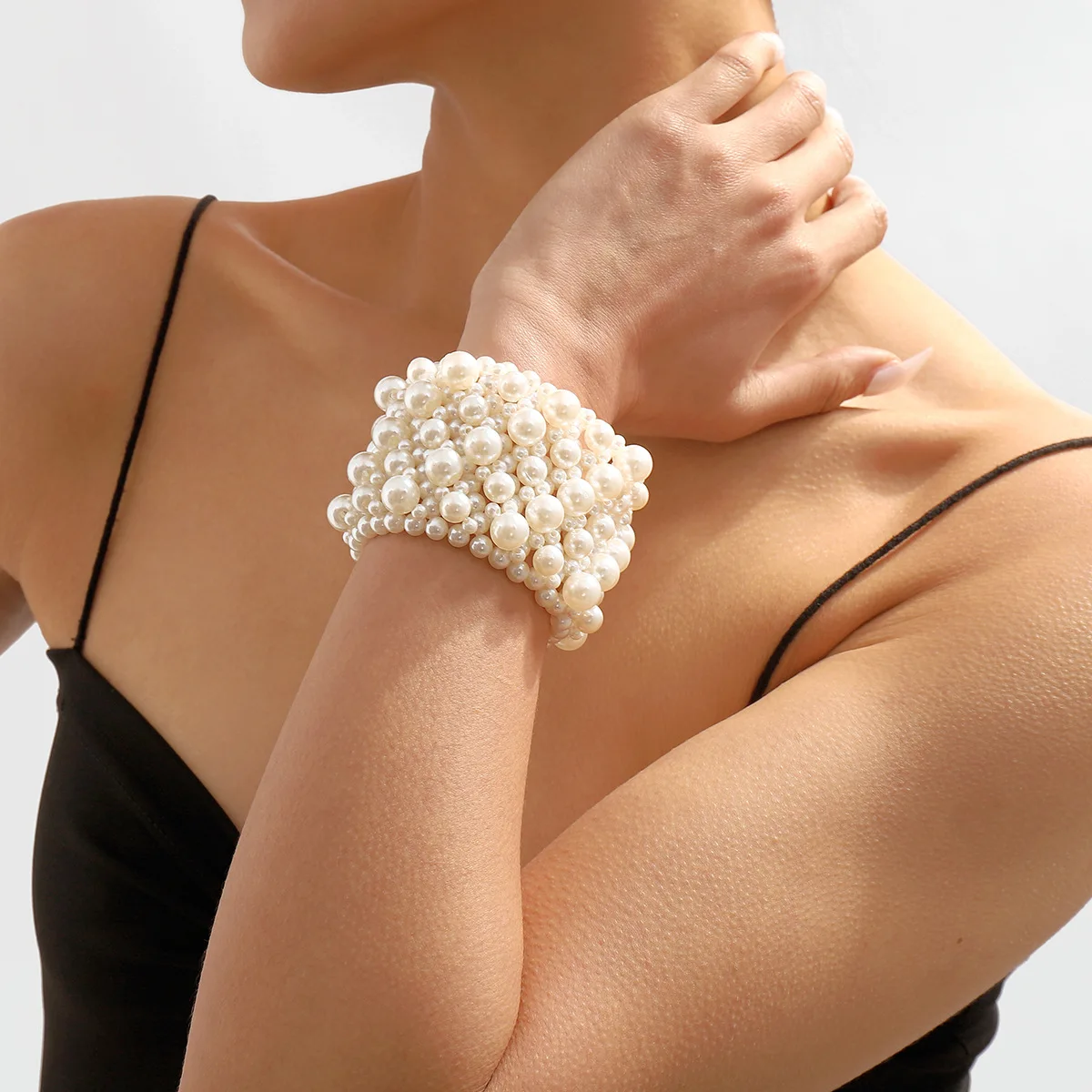 Elegant Wide Elastic White Imitation Pearl Bracelets 6CM Wide Pearl Bracelet For Women Wedding Jewelry