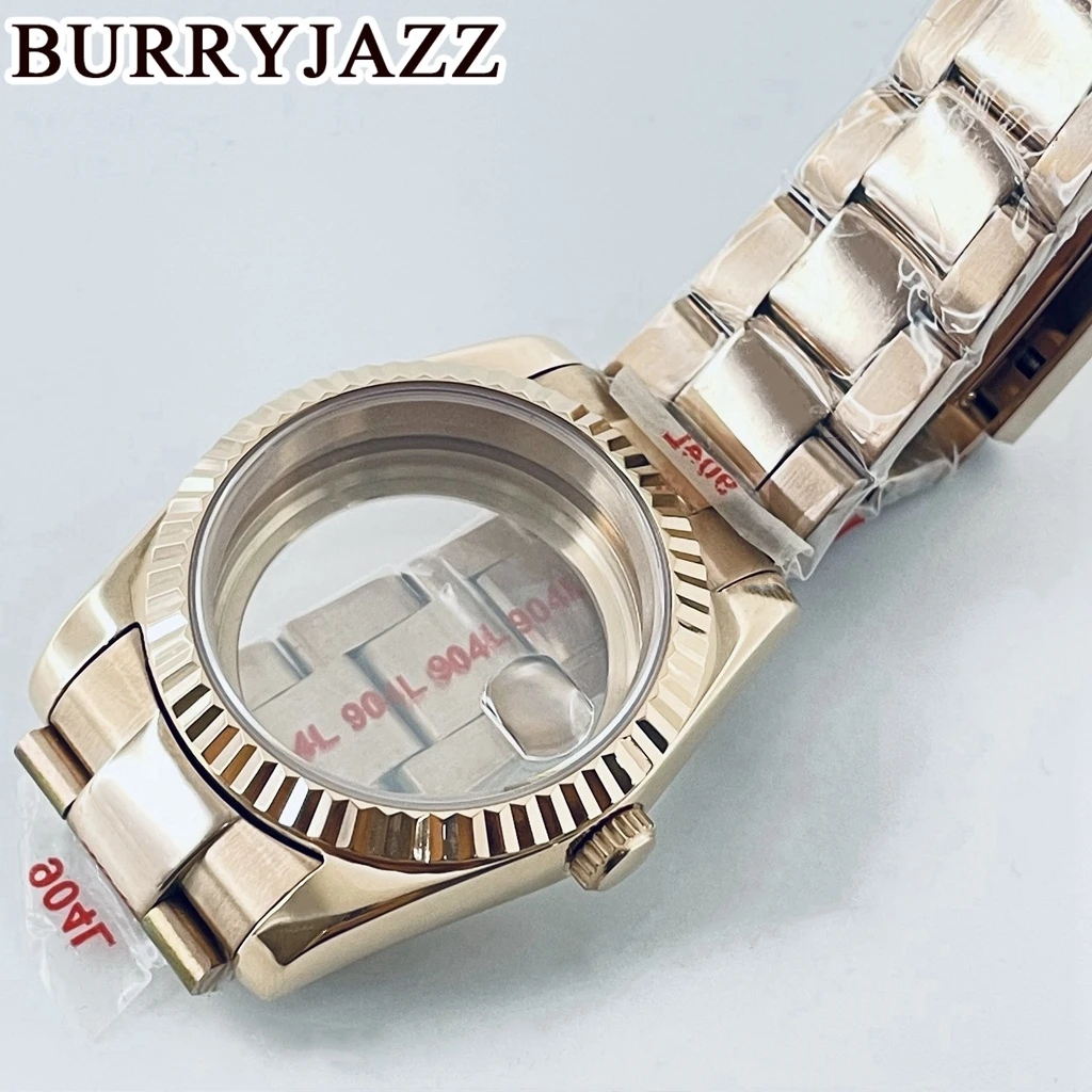 حافظة ساعة من الذهب الوردي من Burryjazz ، حافظة من الفولاذ المقاوم للصدأ ، كريستال ياقوت مقاوم للماء ، 36 من من ، 40 ، NH34 ، NH35 ، NH36 ، NH38 ، PT5000 ، ETA2824