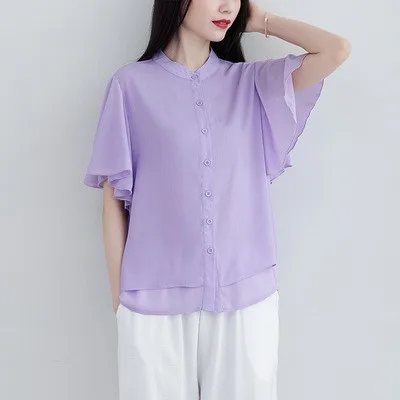 بلوزة نسائية صيفية جديدة فضفاضة بياقة عالية وأكمام قصيرة بلون واحد، متوفرة بـ 4 لونًا، مناسبة للعمل، مصنوعة من نسيج البوليستر