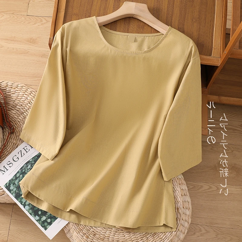 

Vintage Cotton And Linen Blouses Women Shirts Spring Summer Solid O-Neck Short Sleeve Top Loose Casual White Clothing 2025 New