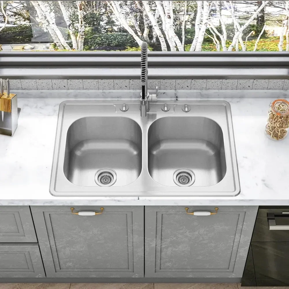 

Plug in double bowl kitchen sink, stainless steel satin finish, 22 "D x 33" W x 9 "H, (Sink Only)