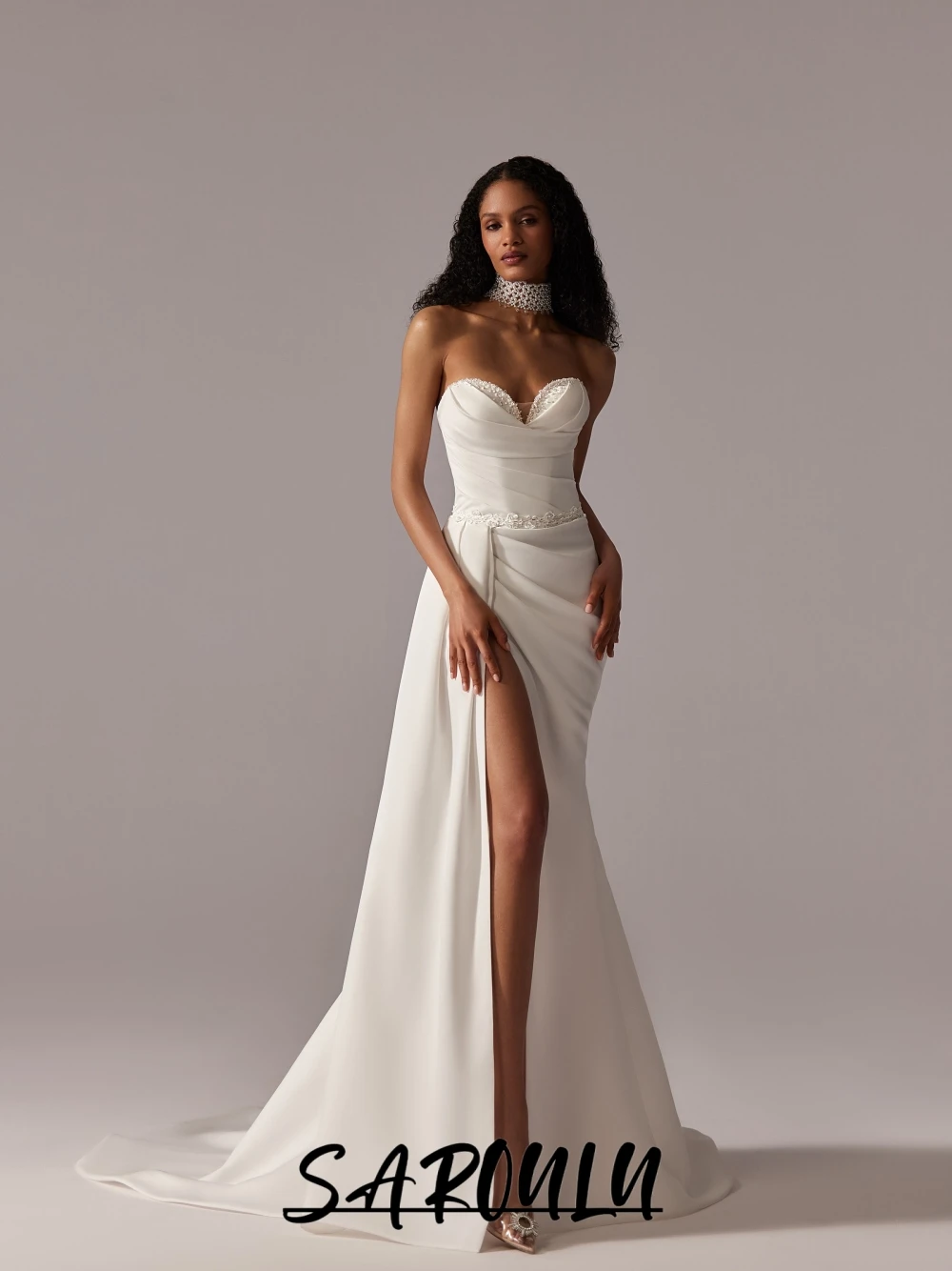 

Elegant Satin Sweetheart Neck Pearls Wedding Dress For Women Classic Mermaid Lace Up Back Bridal Gown With High Slit Customized