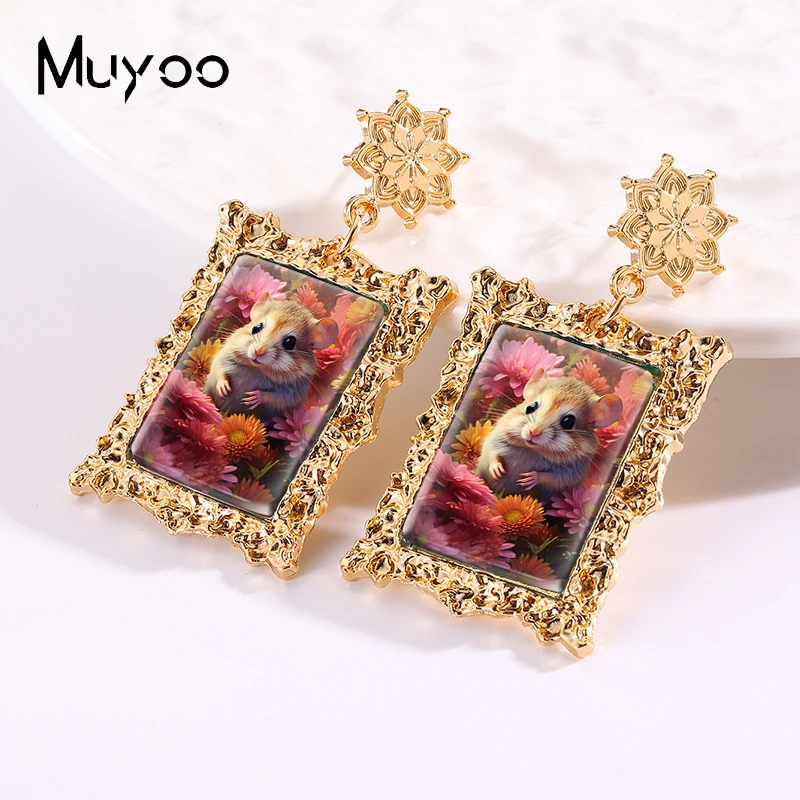 2024 New Arrival Fashion Funny Mice Mouse Handcraft Antique Golden Mandala Rectangle Dangle Earrings