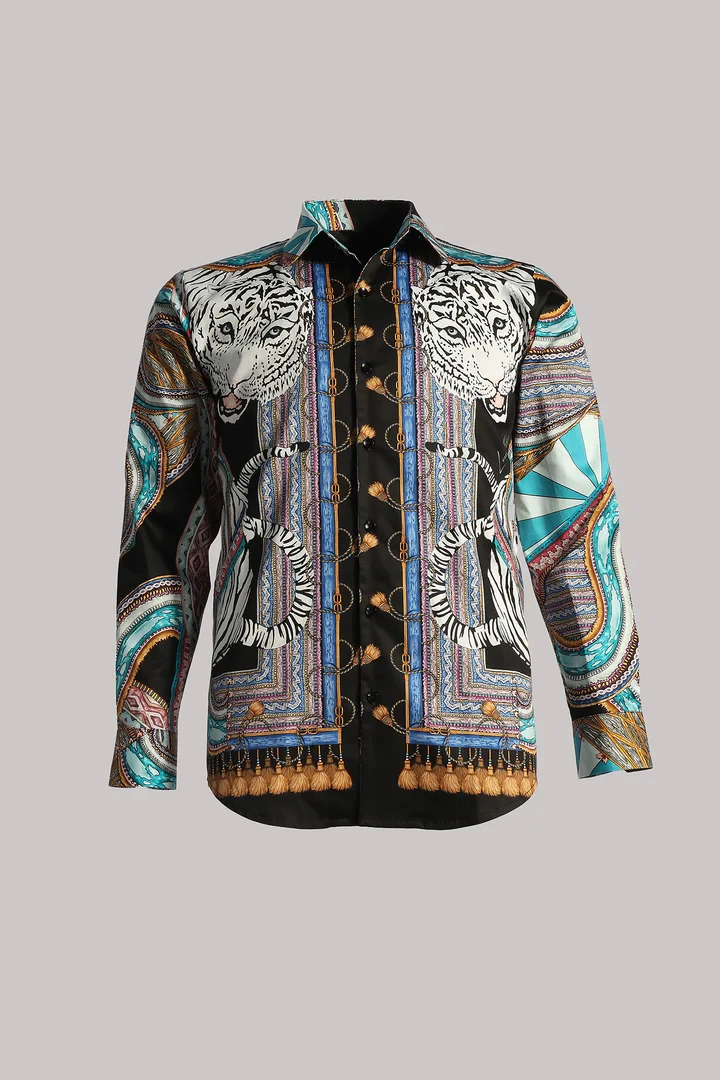 Men Retro Exotic Ethnic Print Long Sleeve Shirt Lapel Collar Button‑Up Polyester Vacation Party Blouse