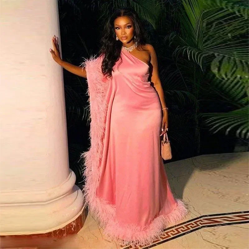 

Элегантное трапециевидное розовое бархатное вечернее женское вечернее платье с перьями, сексуальное бальное платье на одно плечо для торжественных случаев по индивидуальному заказу