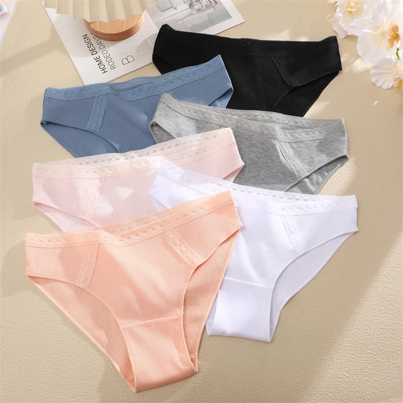 FINETOO 3Pcs/set Cotton Patchwork Lace Underwear for Women Sexy Low Waist Striped Briefs Female Solid Stretch Soft Lingerie S-XL