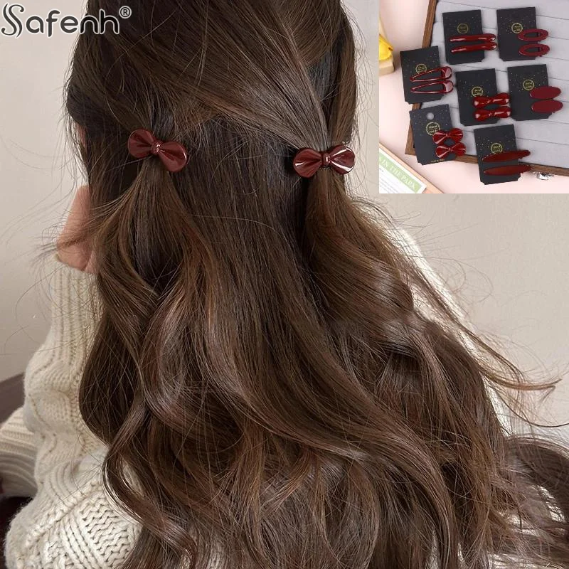 

1Pairs New Year Festival Atmosphere Head Clip Wine Red Bow Bang Clip Duckbill Clip Sweet Retro High Quality Hair Accessories