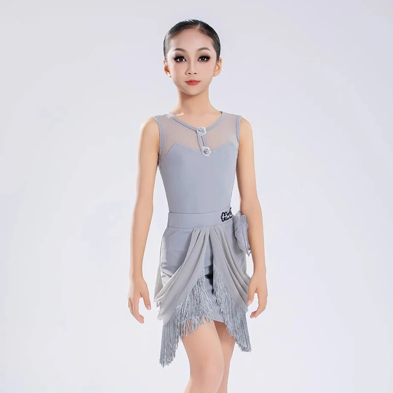 Latin Dance Costume Girls Dance Performance Clothes Black Mesh Tassels Skirt Set Dancewear Children Training Clothing XH2888