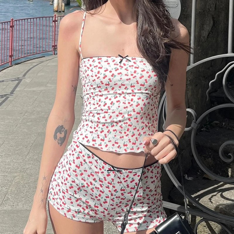 

Vintage Cottage 2 Piece Set Cherry Print Spaghetti Strap Camis Tops Women Slim Fit Crop Tops + Shorts Fairy Coquette Outfits