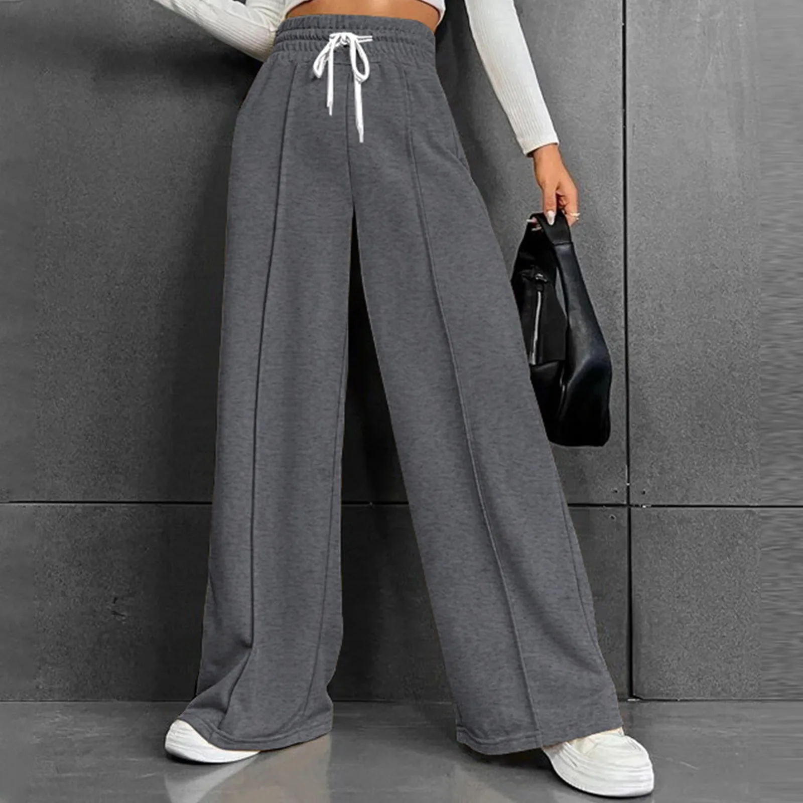 

Women's Fashion Solid Color Versatile Casual Pockets Pants Loose High Waisted Drawstring Wide Leg Sweatpants New