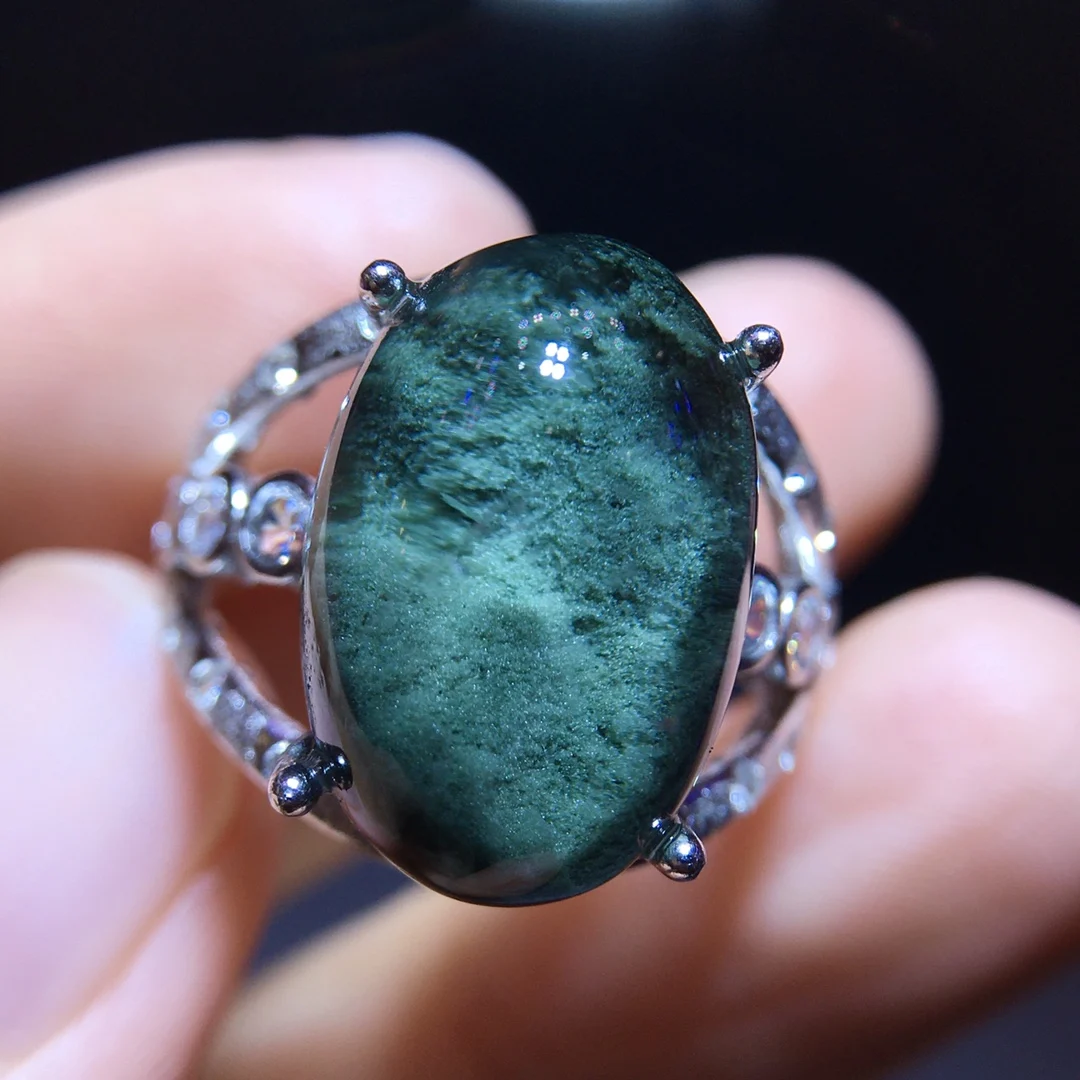 

Natural Green Phantom Quartz Adjustable Ring 17/11.3mm Women Men 925 Sterling Silver Wealthy Phantom Ring Jewelry AAAAAA