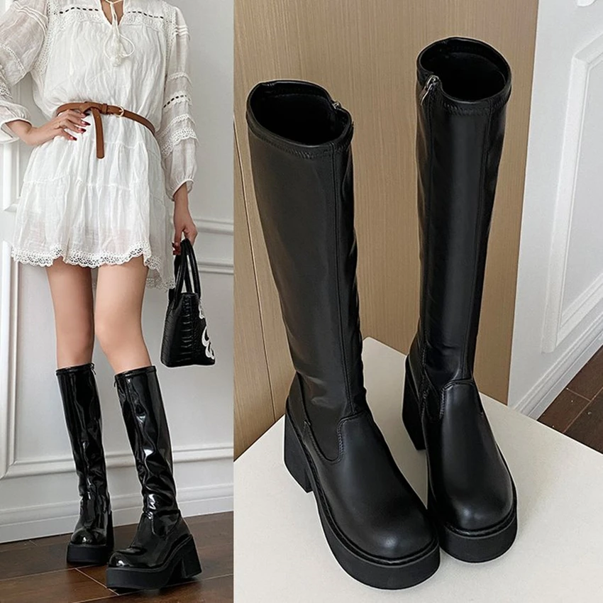

Women patent leather Mid Calf Boots Autumn and Winter New Mid Heels Shoes Motorcycle Boots Chunky Goth Snow Pumps Botas New