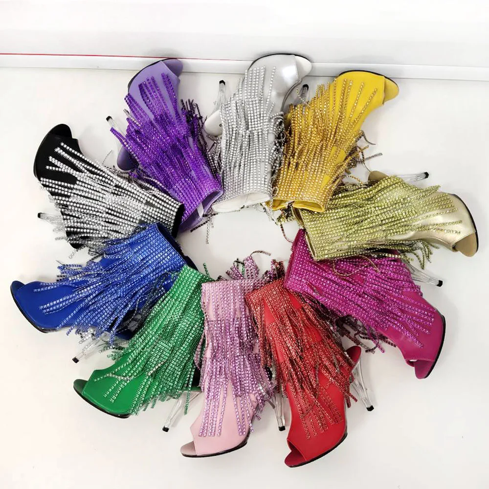 

Peep Toe High Heel Ankle Boots for Women Sexy Pole Dance Nightclub Fashion Exotic Dancer 10cm 4 Inch Fringe Gladiator Models Cat