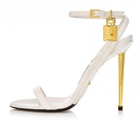 Sharp Pointed Gold Lock Strappy High Heel Sandals Celebrity Shoes Demin Evening Sandal Jean Women Sandalias Femininas