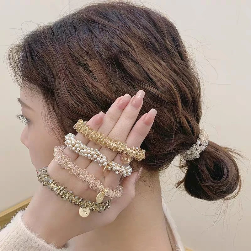 3PCS Women Crystal Pearls Hair Rope Handmade Elastic Beaded Ponytail Holders Hair Ties For Fashion Girls Hair Accessories