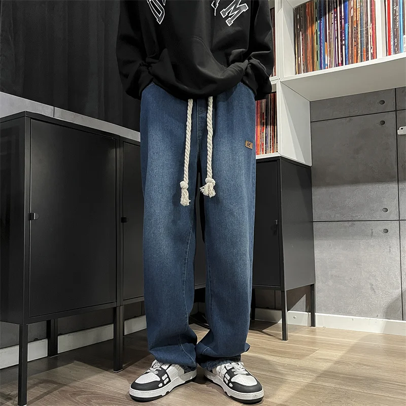 Korean Fashion Drawstring Jeans Homme Classic Baggy Straight Wide Leg Denim Pants 2024 Spring Streetwear Unisex Women's Trousers