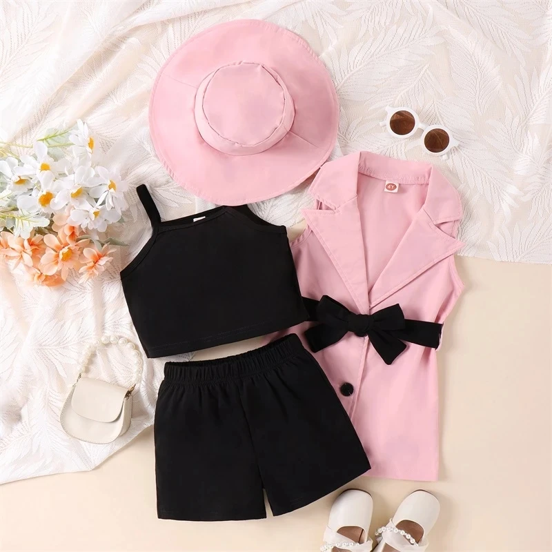 MiniFox 5pcs Summer Elegant Suit For Girls Kids Clothes 2024 Belted Blazer Coat+Vest+Shorts+Hat Luxury Girls Blazer Outfit Sets