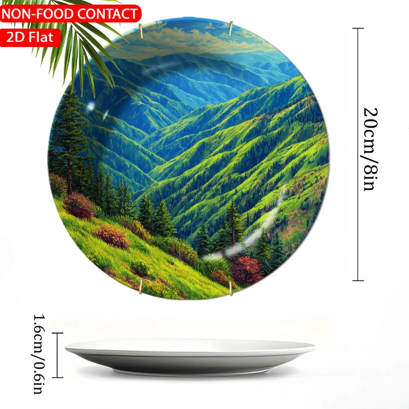 1pc Ceramic Decorative Plate Mountainous Forest Green--2D Planar Circular Porcelain Plate, Not for Food Contact, for Home