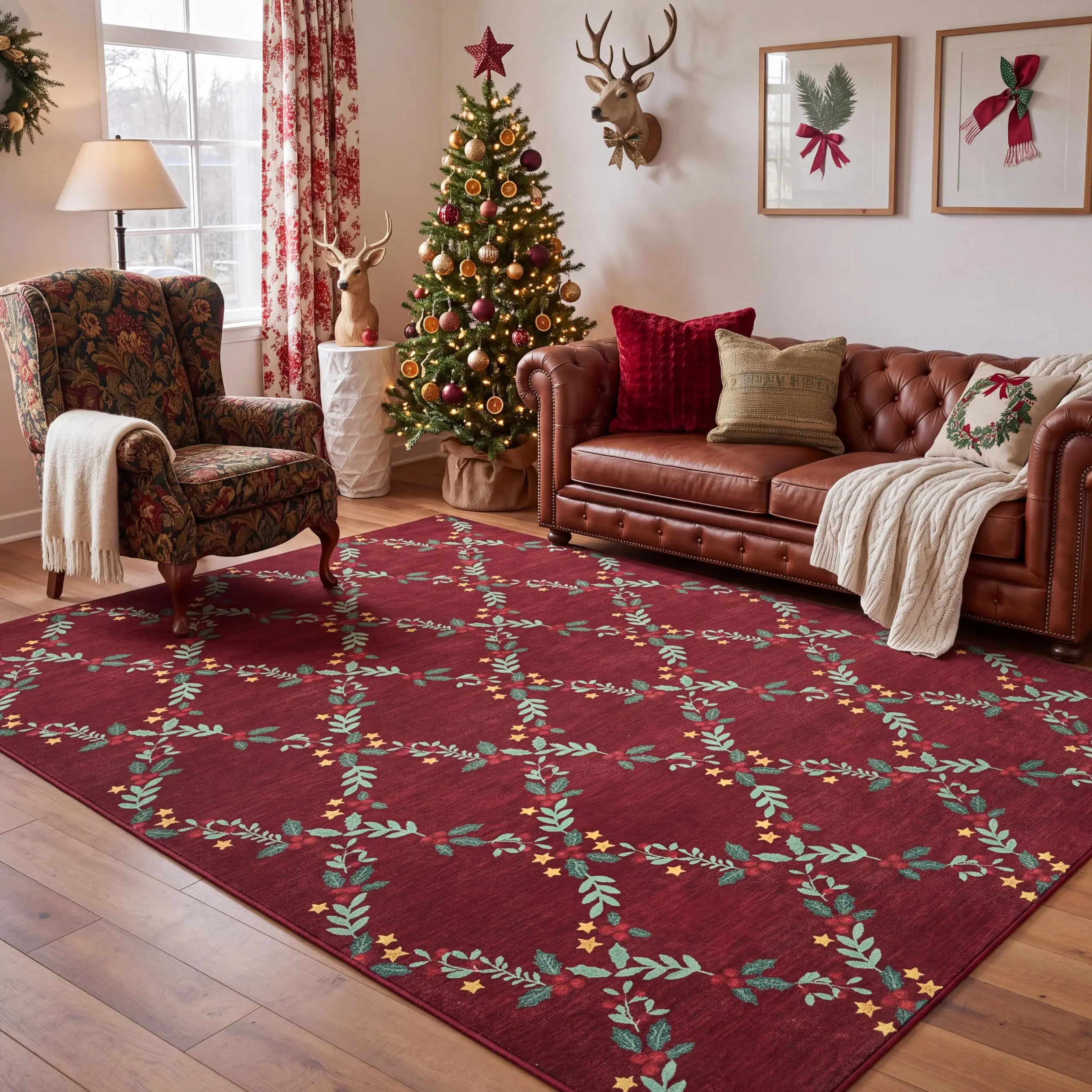 Christmas Berry Area Rug Machine Washable Low Pile Non-slip Carpet for Bedroom Living Room