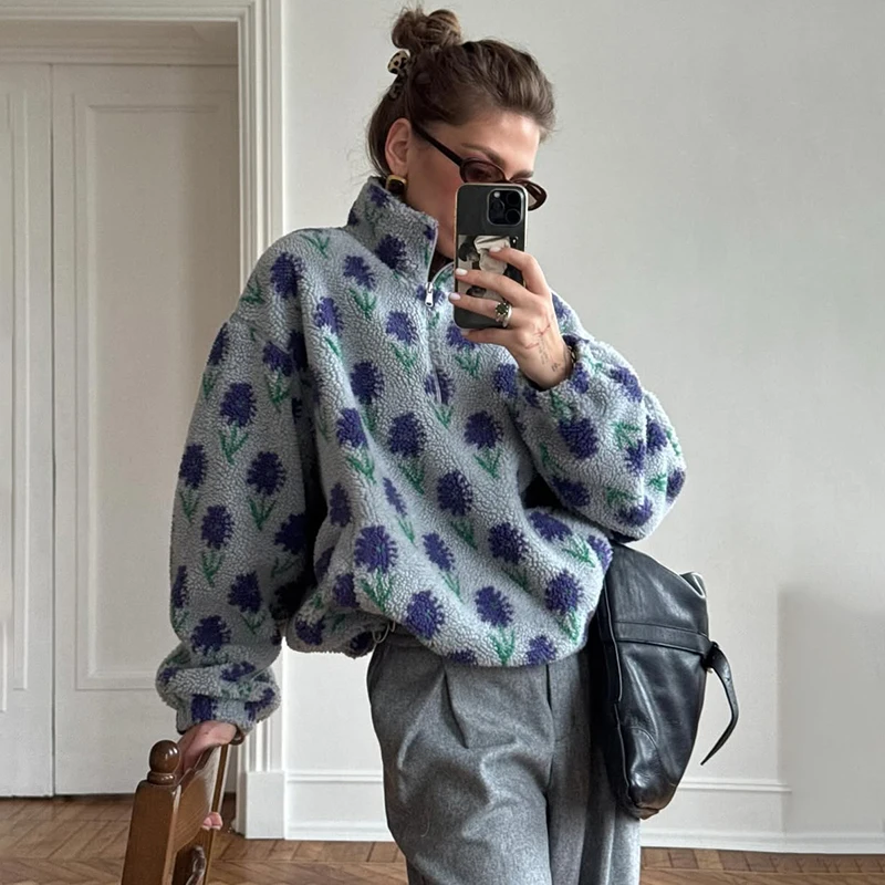 

Tornova Fleece Jacquard Hoodie Coat For Women Half Zip Hoodie Fluffy Loose Turtleneck Sweateshirts Ins Hot Winter Warm Outwear