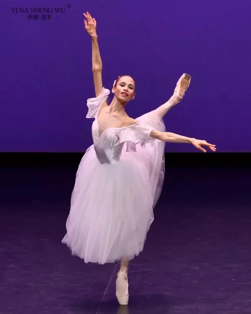 Robe blanche de Ballet fée Giselle pour filles, Version professionnelle de danse flocon de neige avec bouton ouvert, jupe longue en gaze fluide, nouvelle collection